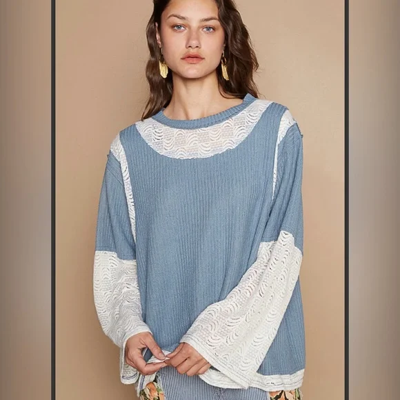 POL NWT Blue and White Lace Shirt Size L - Picture 9 of 9